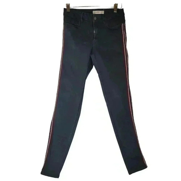 Zara Basics Z1975 Denim Navy Skinny Jeans Red White Stripe Sides Stretchy Size 4 - Picture 2 of 12